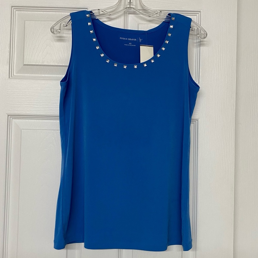 Susan Graver Embellished Bright Blue Sleeveless Tank Top Liquid Knit Sz XS NWT